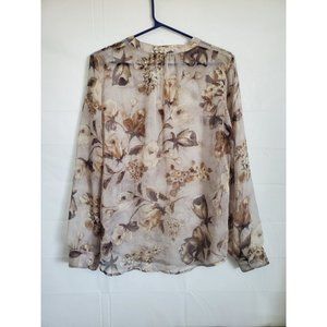 Lauren Ralph Lauren Womens  Floral Long Sleeve sheer Blouse Sz PL Tie VNeck